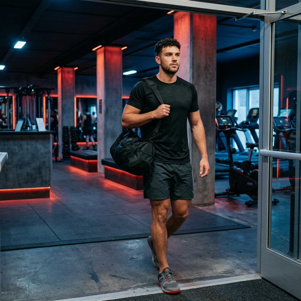 atleta con bolsa de gimnasio de nylon entrando al gimnasio Onixxx