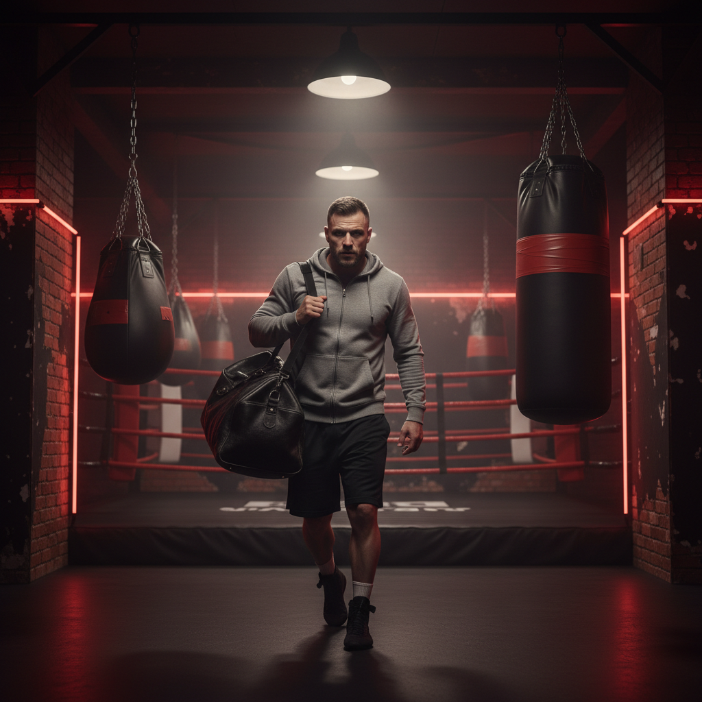 Atleta de boxe com saco de ginásio a entrar no ginásio de boxe Onixxx