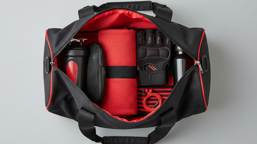open women gym bag with organized training contents inside