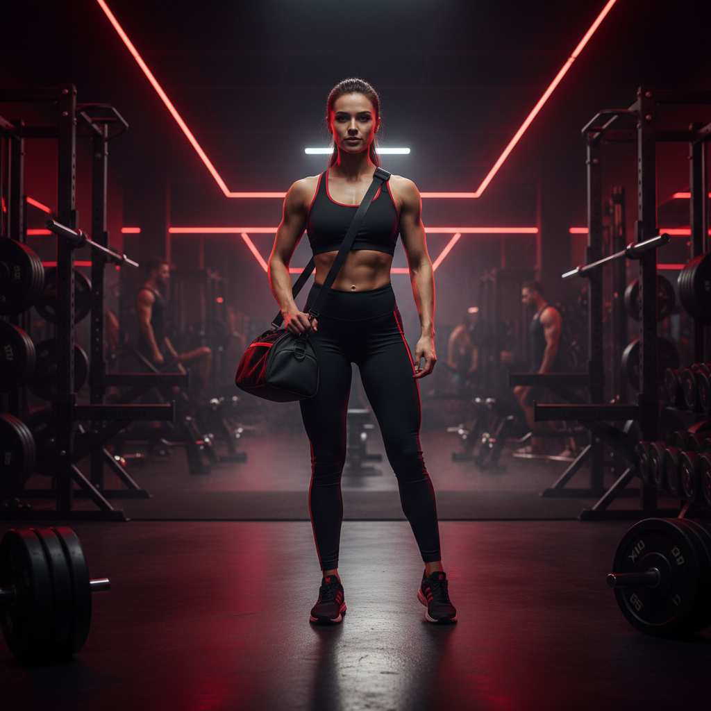 athletic woman with gym bag in gym environment Onixxx