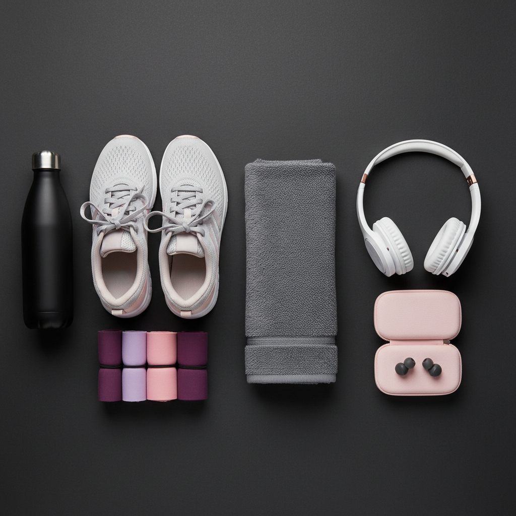gym bag for woman flat lay contents organized