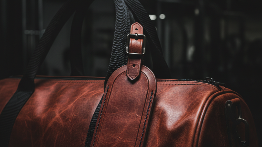 close-up leather sport bag tag on gym bag handle Onixxx